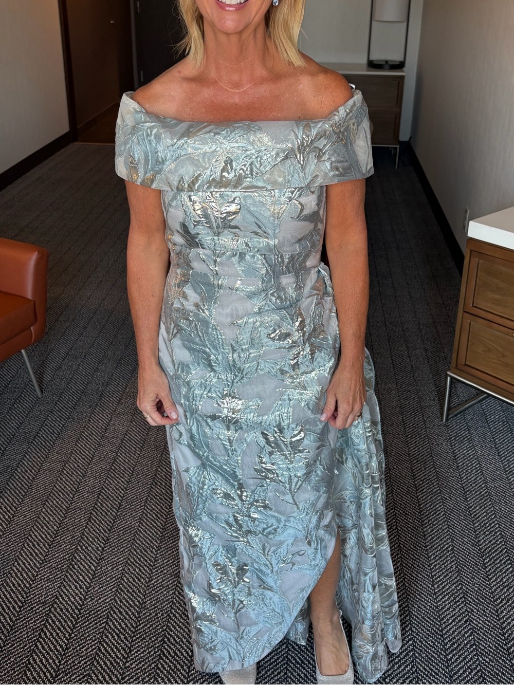 Nicole Bakti Metallic Silver-Blue Floral Off-Shoulder Gown